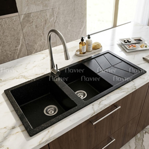Chậu rửa chén đá nhân tạo 2 hộc đều có cánh Navier NV-11148D