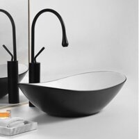 Chậu rửa mặt Lavabo thuyền trắng phủ nano đen và vòi nóng lạnh sơn tĩnh điện đen