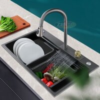 Chậu rửa thác nước KOREA rửa bát 1 hố lớn bồn rửa chén INOX 304 cao cấp phủ nano kèm vòi rút đa năng xả thác nước