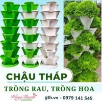 Chậu Tháp Trồng Rau Hữu Cơ Tháp Trồng Hoa  Dâu Tây - Nhựa Cao Cấp, Tiện Lợi, Tiết Kiệm Không Gian tùy chọn số tầng, số đĩa, màu xanh, trắng - Màu Xanh