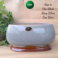 Chậu trồng cây chữ nhật bầu có chân đế gốm sứ tráng men cao cấp, bonsai, cắm hoa | Livin Decor