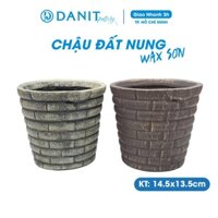 Chậu trồng cây để bàn vintage đất nung wax sơn DANIT POTTERY | Chậu cây trong nhà dáng xô ngấn tròn ngang 14cm