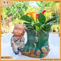 Chậu tượng chú tiểu lá sen 2 size, chậu bonsai chú tiểu, chậu sứ trồng cây gốm Bát Tràng