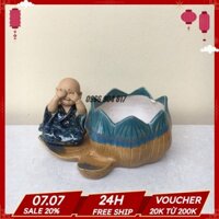 Chậu Tượng Chú Tiểu Ngồi Cạnh Đài sen Xanh Ngọc Gốm Bát Tràng 1 size CT-08