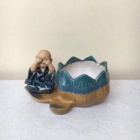 Chậu tượng Chú tiểu ngồi cạnh đài sen xanh ngọc gốm Bát tràng 1 size CT-08 re03