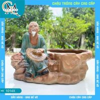 Chậu tượng ông lão đốn củi cao cấp, chậu tượng tiều phu gốm sứ Bát Tràng, chậu bonsai trang trí đẹp