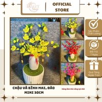 Chậu và bình mai,đào mini 30cm làm sẵn bằng kẽm nhung,sản phẩm đã hoàn thiện gồm chậu sành và hoa y hình