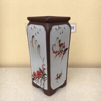Chậu Vuông đứng bonsai sen đá mini đất nung Vẽ tứ cảnh gốm Bát tràng