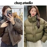 chay.studioÁo phao nữ da dài tay không mũ có dây rút dưới áo phao béo nữ chất da áo khoác phao chất lượng cao cấp
