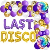 Cheereveal last disco bachelorette party trang trí bóng bay vàng tím vòng hoa vòng hoa bộ với bóng bay disco ball foil balloons retro disco chủ đề bachelorette party đồ dùng tắm cho cô dâu