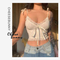 Cheesebunny áo ba lỗ nữ Phối Ren Màu Trơn Dễ Phối Đồ Với Dây Đeo