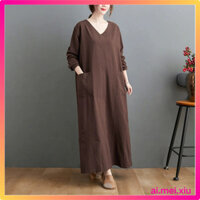 chemise 复古棉麻V领加大宽松长袖连衣裙 Váy dài tay dáng rộng cổ chữ V bằng vải lanh Cotton cổ điển cực lớn