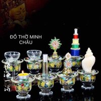 Chén Cúng Dường, Cúng Nước Chư Phật Pha Lê họa tiết 8 Cát Tường - miệng loe  [PHÁP BẢO MINH CHÂU]