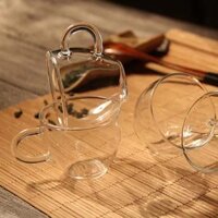 CHÉN ĐĨA THỦY TINH QUAI  Chén thủy tinh chịu nhiệt chuyên dùng cho trà hoa cúc 100ml kèm đĩa kê thủy tinh chịu nhiệt - Chén