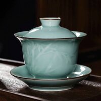 Chén khải 3 món màu xanh ngọc gốm sứ cao cấp sang trọng họa tiết cây tre trúc độc đáo