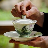 Chén khải pha trà vẽ tay hoa anh túc cao cấp chén trà sứ thủ công -Uống trà đi