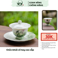Chén khải vẽ tay hoa anh túc cao cấp chén trà sứ thủ công