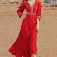 CHENGRUI Váy đỏ nữ mùa hè tay áo dài du lịch Tân Cương mặc váy dài sa mạc chụp ảnh bãi biển váy nghỉ mát siêu tiên - Váy đỏ thêu - XL