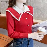 Chengxingsis Hàn Quốc Màu Sắc Tương Phản Cổ Búp Bê Ve Áo Dài Tay Mỏng Dệt Kim Áo Len Nữ Boutique