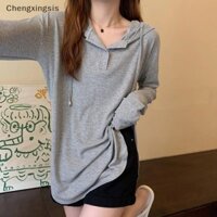 Chengxingsis Thời Trang Thu Đông Nút Có Mũ Trùm Đầu Áo Thun Nữ Màu Trơn Không Đều Viền Rời Áo Thun Boutique