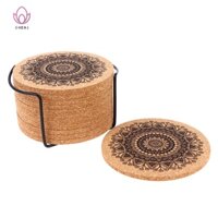 [CHENJ] Set 12 Đế Lót Ly Hình Tròn Thiết Kế Mandala Có Giá Đỡ Bằng Gỗ Bần Tròn