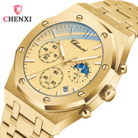 Chenxi Đồng hồ thạch anh bằng thép không gỉ vàng dành cho nam doanh nhân sang trọng Chronograph chống nước Đồng hồ đeo tay thể thao Analog Đồng hồ nam