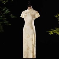 Cheongsam Off-White Sườn Xám Mới 2025 Mới Trung Quốc Cô Gái Trẻ Cải Tiến Retro Mùa Thu Đính Hôn Cổ Giấy Chứng Nhận Đăng Ký