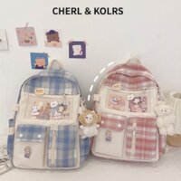 CHERLKOLRS Ba Lô Vải polyester Sức Chứa Lớn Họa Tiết Sọc Caro Thời Trang Hàn Quốc Cho Học Sinh