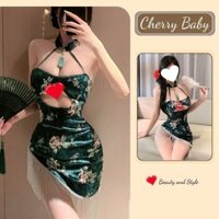 CherryBaby Váy Ngủ Cosplay Sườn Xám Nhung Bóng Cao Cấp, Đầm Ngủ Cổ Yếm Xanh Vạt Chéo Cao Cấp.