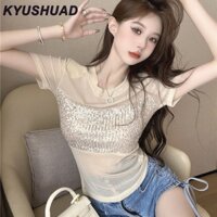 Chia Băng Lụa Đính Kim Sa Lấp Lánh Áo Thun Nữ Nhẹ Sang Trọng Giảm Béo Cảm Giác Thiết Kế Niche Fried Street Mesh Top