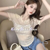 Chia Băng Lụa Đính Kim Sa Lấp Lánh Áo Thun Nữ Nhẹ Sang Trọng Giảm Béo Cảm Giác Thiết Kế Niche Fried Street Mesh Top