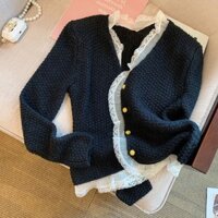 Chic sweater Women's Autumn and Winter 2022 New Fashion Design sense of splicing Lace V-necked cardigan