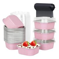 Chicmine✌Bộ 50 Bánh Mini Vuông Có Nắp Thìa Lá Nhôm Nướng Cốc Dùng Một Lần Ramenkins Cupcake Cupcake Cốc 5oz Dễ Sử Dụng