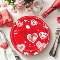 Chicmine✌Bộ đồ ăn dùng một lần Ngày lễ tình nhân Đồ dùng dự tiệc Trái tim tình yêu Đĩa giấy Khăn ăn Bộ cốc phục vụ 24 khách