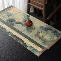 Chiếu mành tre, trúc trải lót ấm chén bàn trà đạo in họa tiết Hoa Sen, Sơn Thủy Hữu Tình
