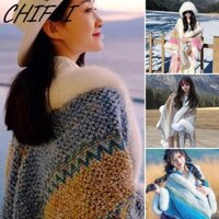 Chifei Áo Poncho Mông Cổ, Áo len sọc nhân tạo Khăn choàng tua rua, Phong cách dân tộc mềm mại Mùa đông ấm áp sang trọng đan quấn thời trang nữ
