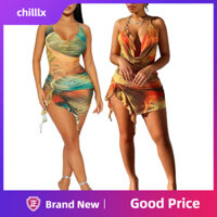 Chilllx Nữ Cổ Bò Mini Váy Mùa Hè Không Tay Lưng Ren Lên Váy Hợp Thời Trang Buộc-dye Cắt Ra Bãi Biển Đảng