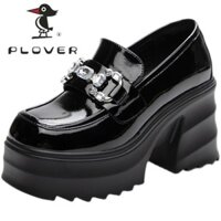 Chim Gõ Kiến Da Thật Cao Gót Giày Nữ Đế Dày Nhẹ 2024 Phong Cách Mới Thu Đông Phong Cách Anh Retro Loafers Vuông Ngón Chân