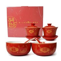 Chinese Tableware Tea Gift 2 Set Gaiwan Bowl Spoon Porcelain Dragon and Phoenix for Adults Men Women Couple Wedding Party
