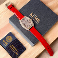 [Chính Hãng 100%] Đồng Hồ Nữ KEMIL by K&M KM1912A (1912) Mặt Chữ Nhật Siz 36mm Đính Đá Dây Da Đỏ Rose Full Box