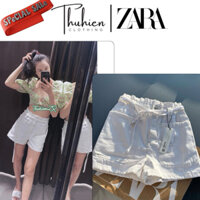 (Chính hãng 32 36)Quần short jean lưng cao ZARA 8197/004/250 chun dây buộc màu kem(kèm ảnh thật)
