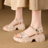 Chính Hãng Da Chính Hãng Đế Dày Giày Sandal Cao Gót Nữ Khóa Màu Bện Khóa Phẳng Dày Gót Nữ