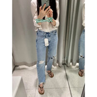 (Chính hãng size 32)Quần jean lưng cao ZARA 6164/065/427 momfit xanh sáng/đen rách gấu gối(kèm ảnh thật)