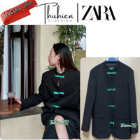 (Chính hãng size XS)Áo vest ZARA 5507/900/800 đen dáng xuông cúc hoạ tiết nơ xanh(kèm ảnh thật)