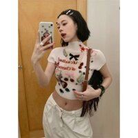 [Chợ đêm Galaxy] Áo thun nữ Y2K INS đan nóng bỏng, áo ngắn tay cổ lọ mùa hè, thiết kế mỏng, sang trọng, in họa tiết