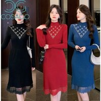 [CHỢ SÀI GÒN] Đầm dệt kim cổ tròn cao cấp, đầm len dệt kim, đầm đen tay dài, đầm dệt kim công sở, đầm dệt len mỏng