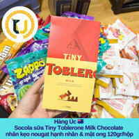 chocola sữa Tiny Toblerone Milk Chocolate nhân kẹo nougat hạnh nhân & mật ong, khối lượng 120gr/hộp.