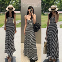 ChocomyShop - Đầm hai dây dáng dài maxi dáng dài phối soc đen trắng cục bấm nhấn đi biển, váy 2 dây xòe đi du lịch hè