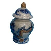 Chóe thờ Hũ đựng muối gạo thờ cúng sứ Bát Tràng men Rạn cổ vẽ Song Long chầu nguyệt cao 15 cm