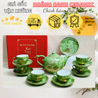 (CHỌN MẪU)Ấm chén pha trà Bát Tràng-men Vân Đá Xanh vẽ Vàng:Thuận Buồm Xuôi Gió,dáng Chóp